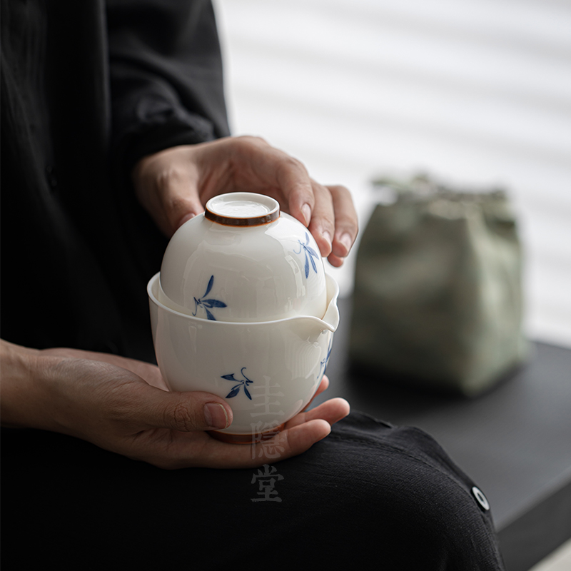 圭隐堂纯手绘蝴蝶兰花便携户外旅行茶具套装泡茶杯快客杯一壶两杯