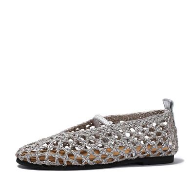 BellaLily2025夏季新款镂空编织渔网鞋单鞋女气质玛丽珍平底鞋子