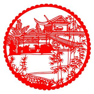 苏州园林剪纸建筑风景亭台楼阁塔廊山水窗花贴纸传统布置装饰成品