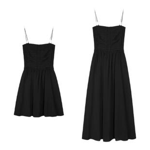 pusumede【现货5.5折】褶皱吊带连衣裙女法式收腰显瘦气质a字裙