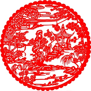 西湖风景建筑亭台楼阁长廊怪石杨柳假山剪纸窗花贴纸传统装饰成品