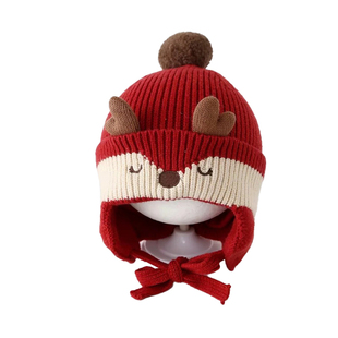 宝宝帽子秋冬季新年红色男女童保暖针织护耳帽加厚婴儿冬天毛线帽