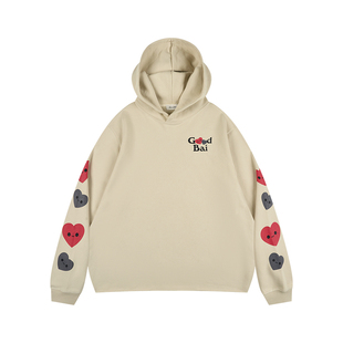 GOODBAI 黑红爱心表情logo印花oversize连帽卫衣