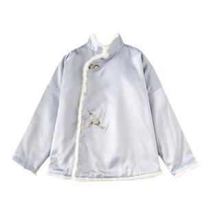 气质灰软缎白水貂毛中式仙鹤采林芝绣花小棉袄小众设计中国风上衣