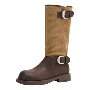 星期六复古皮带扣牛仔靴女2025秋冬新款英伦风中筒靴子长靴骑士靴