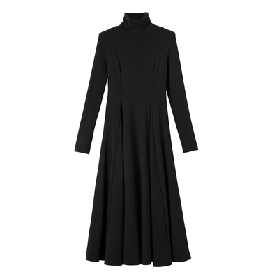 晚白纯色高领大摆高弹连衣裙