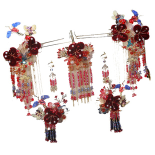 2025新款中式绒花新娘结婚秀禾服复古凤钗旗袍秀禾头饰套装配饰品