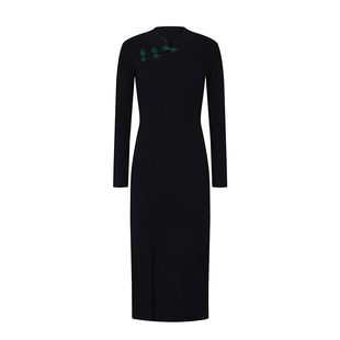 Ching's民国风直筒侧开衩旗袍连衣裙 撞色螺纹显瘦针织毛衣裙子秋