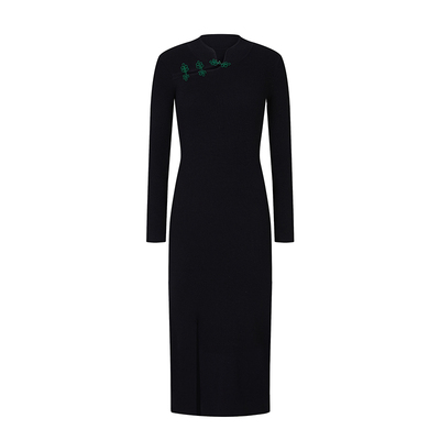 民国风直筒侧开衩旗袍针织连衣裙