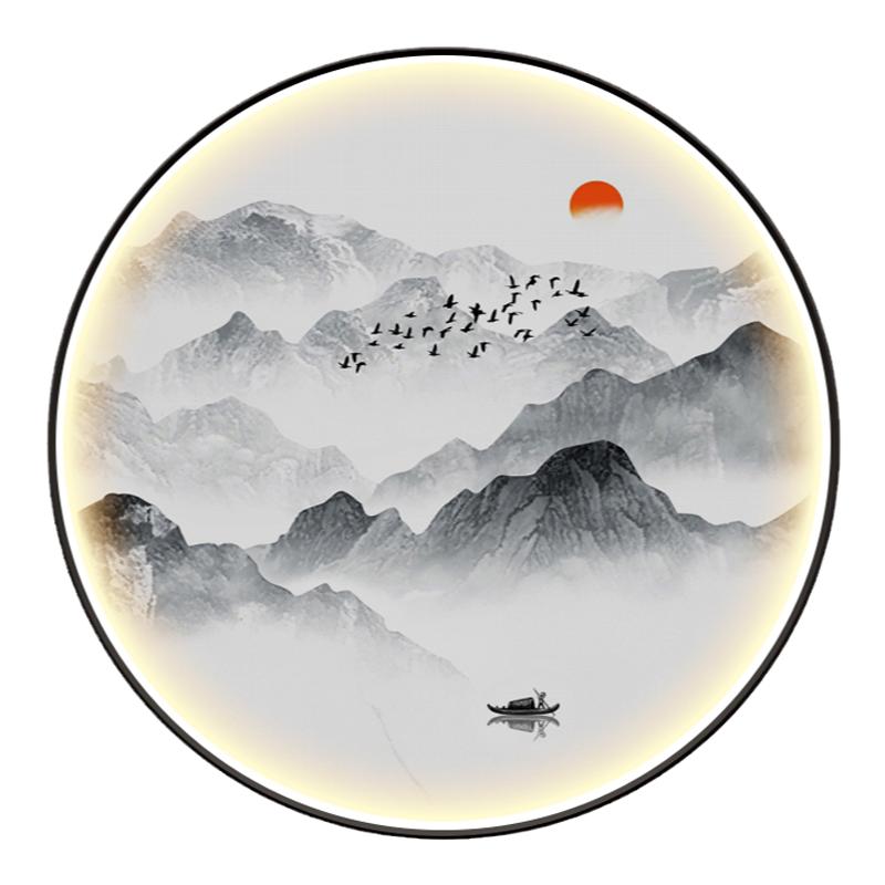 新中式圆形玄关装饰画led带灯禅意走廊过道水墨山水挂画客厅壁画