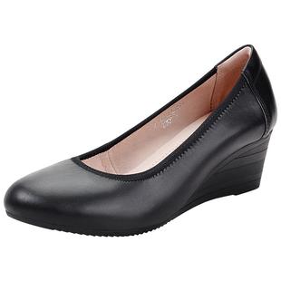 真皮工作鞋女黑色皮鞋上班软底空姐鞋坡跟单鞋浅口工鞋酒店职业鞋