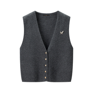 拉夏贝尔/La Chapelle设计感v领灰色针织马甲女叠穿针织背心开衫