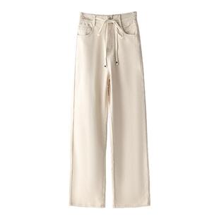 SMEN诗萌极简风高腰显瘦直筒牛仔裤女米白色阔腿裤小个子垂感长裤