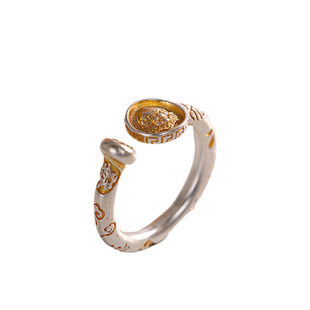 足银9999描金黄财神吉言戒指男女纯银新中式指环设计感招财食指戒