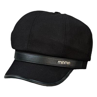 韩版八角帽女秋冬皮边字母贝雷帽