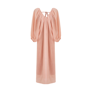 UNSPOKEN法式亚麻连衣裙女2025夏季新款慵懒松弛感灯笼袖v领长裙