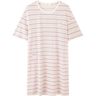 三福抗菌撞色条纹睡裙女春夏季甜美宽松短袖家居服中长款睡衣裙子