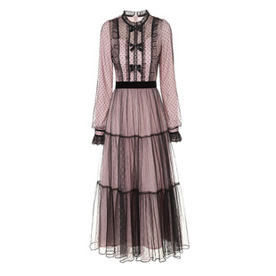 花儿开了2026春季新款网纱波点复古撞色连衣裙女中长款显瘦裙子