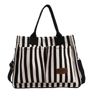 妈咪包新款韩版条纹手提单肩包大容量通勤托特包轻便母婴外出包潮