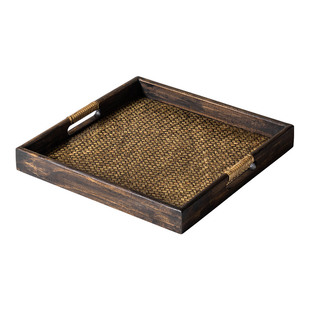 泰国木质藤编正方形托盘家用客厅复古实木茶水杯茶具水果收纳茶盘