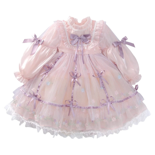 女童连衣裙春秋2025新款蝴蝶结洋气网纱小女孩洛丽塔公主长袖裙子