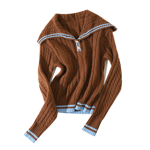 大于诗集 航海风情 复古海军领撞色绞花短款毛衣女大翻领针织衫冬