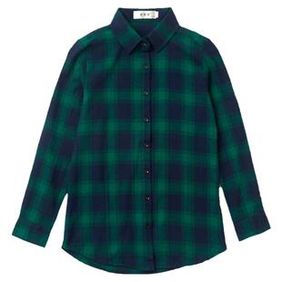 恒源祥格子衬衫外套女纯棉中长款春秋外穿百搭宽松绿磨毛长袖衬衣