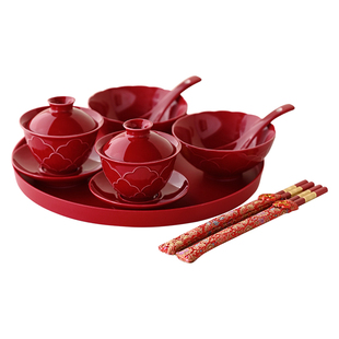 结婚喜碗敬茶杯子一对高档婚礼改口茶具对碗筷子套装婚庆用品大全