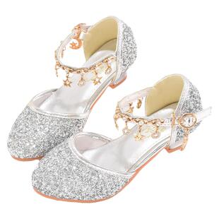 儿童鞋子女童公主高跟鞋小女孩模特走秀演出银色搭配晚礼服水晶鞋