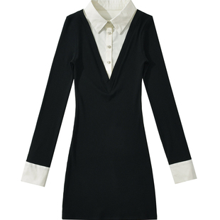棉洋ins小众撞色假两件衬衫长袖连衣裙 职场时尚修身包臀性感短裙