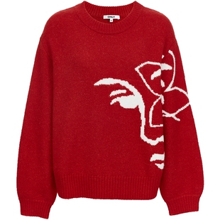 ONLY2026春季新款艺术感嵌花涂鸦撞色舒适软糯圆领红色针织衫毛衣