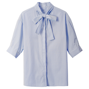 达佳诗蓝色条纹衬衫女大学生答辩穿搭蝴蝶结短袖上衣职场通勤衬衣