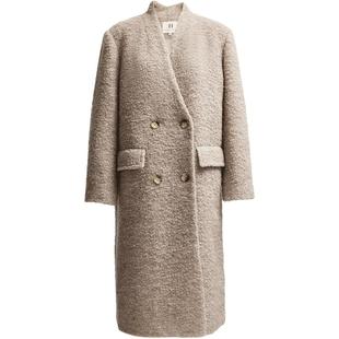 SEASONHIGH秋冬款女士毛呢大衣纽扣门襟双排扣纯色羊毛外套女装