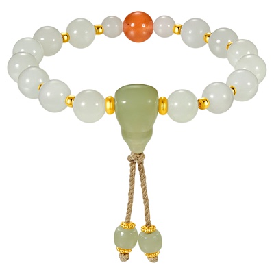 金至尊文玩金映月黄金手链女新款硬足金手链和田玉葫芦手串送老婆