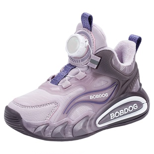 巴布豆女童加绒二棉运动鞋2025新款冬季高帮皮面防水儿童篮球鞋