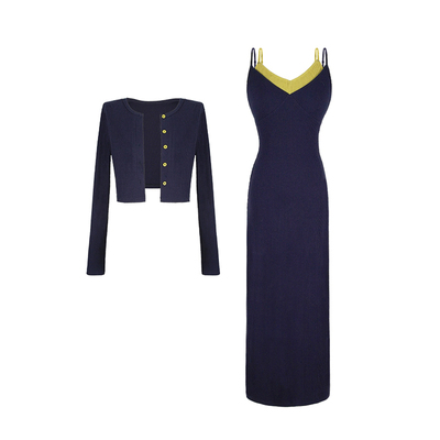 大婷婷 吊带休闲撞色法式时尚两件套长款秋季轻熟风套装DT1576