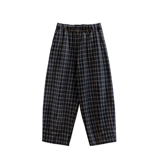 帛色2025秋冬新款蓝格子长裤松紧腰宽松休闲女裤宽腿裤藏肉气球裤
