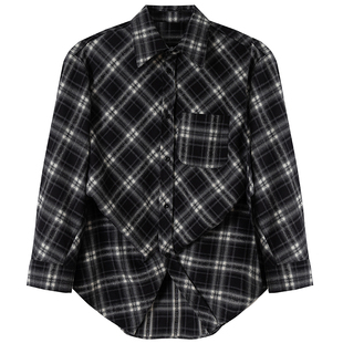 OV原创美式复古格子扭褶结构长袖衬衫女春季宽松收腰设计情侣衬衣