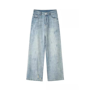 浅蓝色牛仔裤女夏季薄款直筒显瘦破洞裤大码胖mm遮胯大腿粗阔腿裤