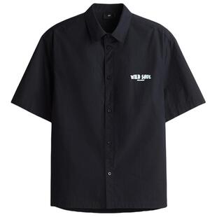 HM男装衬衫春季背面印花翻领宽松美式短袖衬衣1271805