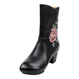 相伴真皮中筒靴女2025新款秋冬厚底防水台靴子圆头花朵民族风女靴