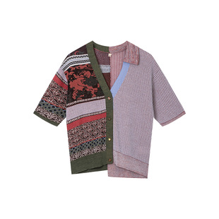 一城画一夏季时尚V领不对称提花图案设计短款毛衫外套女