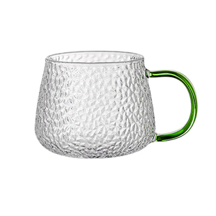紫丁香热饮杯透明玻璃锤纹印花水杯可微波牛奶麦片带把喝水早餐杯