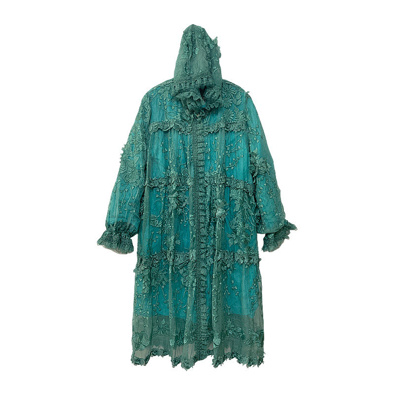 虫音桑蚕丝棉服女复古绿刺绣中长款宽松连帽高端气质轻薄保暖棉衣