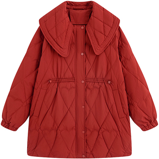 胖莹莹大码女装胖mm冬东北加厚外套甜美娃娃领收腰显瘦菱格羽绒服