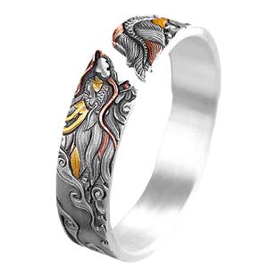 龙纹银手镯999足银高工手工錾刻嵌金穿云龙男女款宽版复古银饰