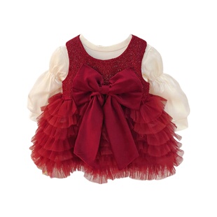 周岁女宝礼服1女童冬季加绒连衣裙套装2婴儿红色背带裙公主裙秋冬