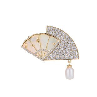 新中式文雅翠竹扇形母贝胸针轻奢复古淡水珍珠大衣服饰配件高级感