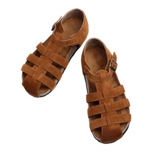 脱毒家 “绯红夏日”复古真皮女鞋夏新款镂空编织包头罗马凉鞋女