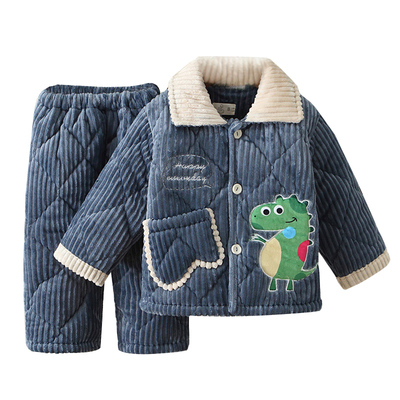 冬季三层夹棉保暖加绒男孩家居服